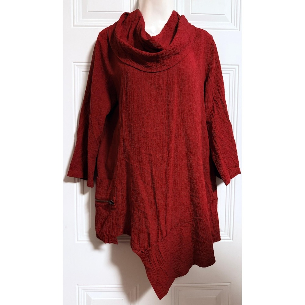Ali Miles Red Crinkle Tunic Lagenlook Relaxed Boxy Asymmetrical Top SZ Small